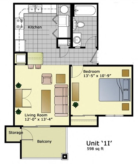 Floor plan for 1 bed, 1 bath, 598 sqft
